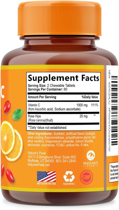 Nature's Peak Vitamin C 1000mg with Rose Hips - Chewable Tablets, Sugar-Free Orange Flavour, 120 Tablets