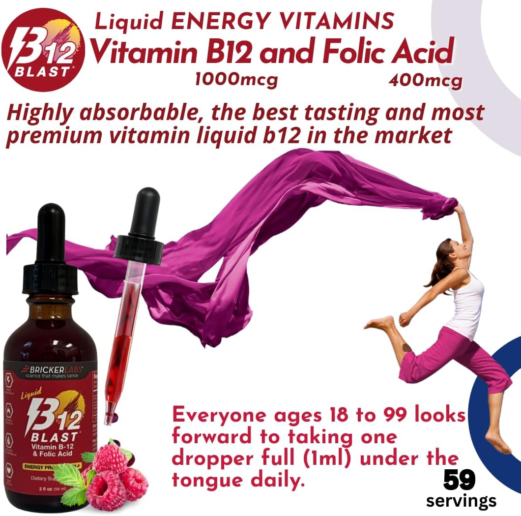 Bricker Labs B-12 Blast Liquid Vitamin B12 and Folic Acid Supplement, Natural Raspberry Flavour, 56 ml - görsel 7