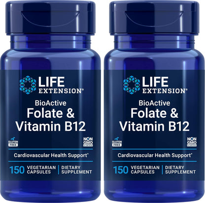 Life Extension BioActive Folate & Vitamin B12, 150 Vegetarian Capsules (2-Pack)
