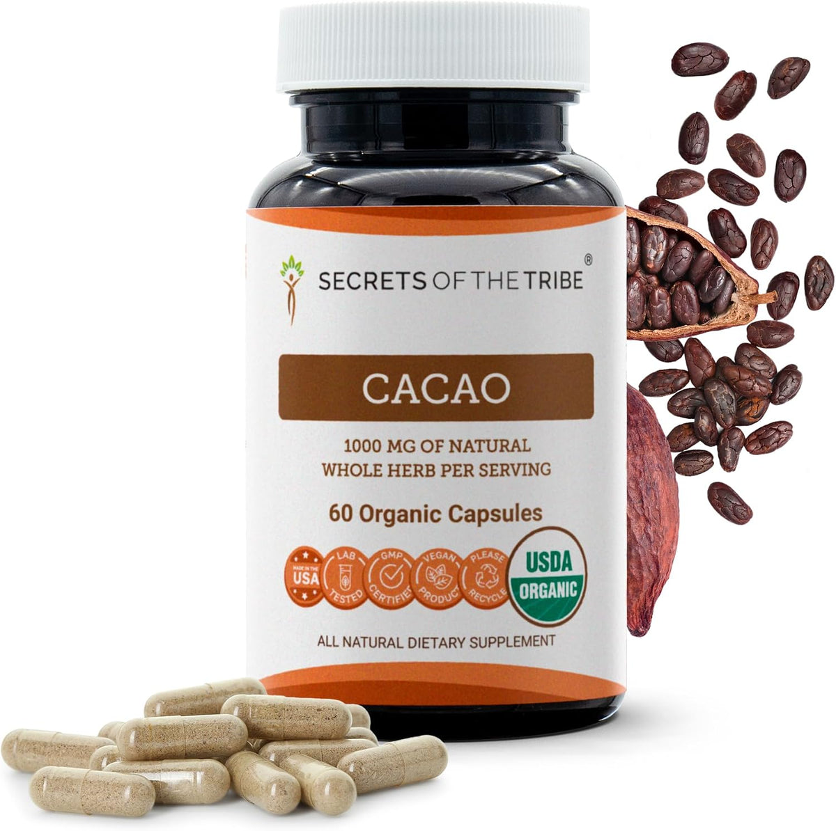 Secrets of the Tribe Cacao 60 Capsules, 1000 mg, Organic Cacao (Theobroma Cacao) Dried Raw Beans - görsel 1
