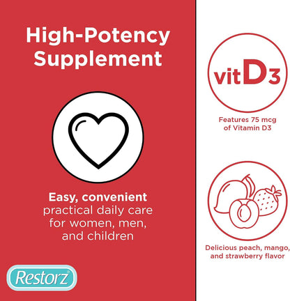 Restorz Vitamin D3 Gummies - Peach, Mango & Strawberry (120 Gummies)