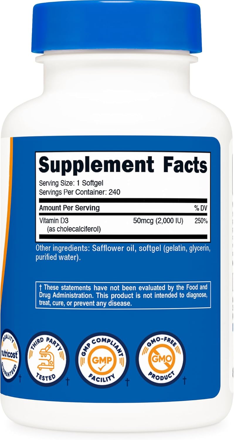 Nutricost Vitamin D3 2000 IU Softgels, 240 Softgels - Non-GM & Gluten-free - görsel 5