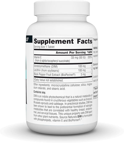 Source Naturals DIM, Diindolylmethane 100mg with BioPerine, Vitamin E & More - 120 Tablets