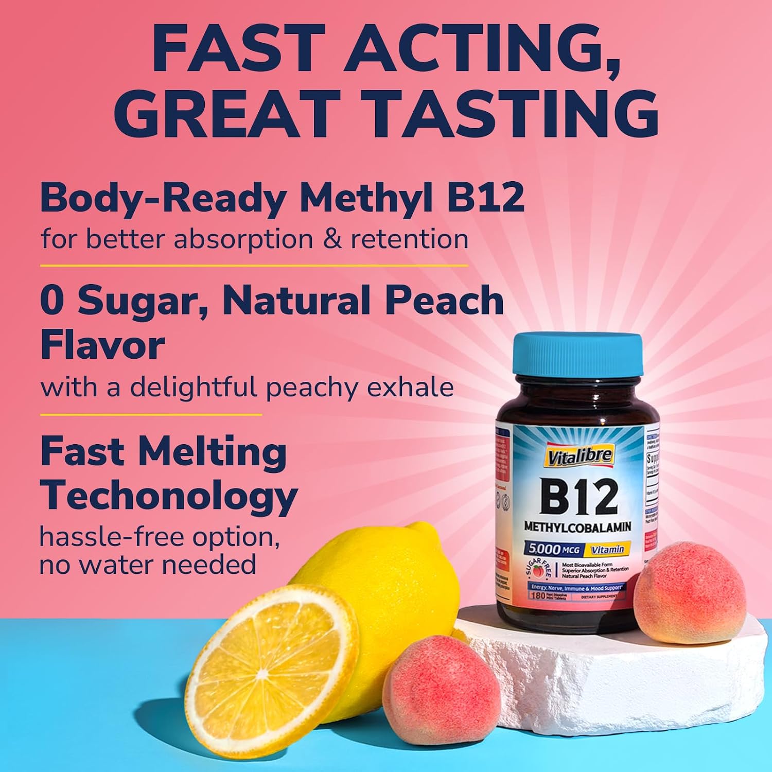 Vitalibre Vitamin B12 5000 mcg Sublingual Methylcobalamin - Fast Dissolve, Vegan, Natural Peach Flavour, 180 Tablets - görsel 3