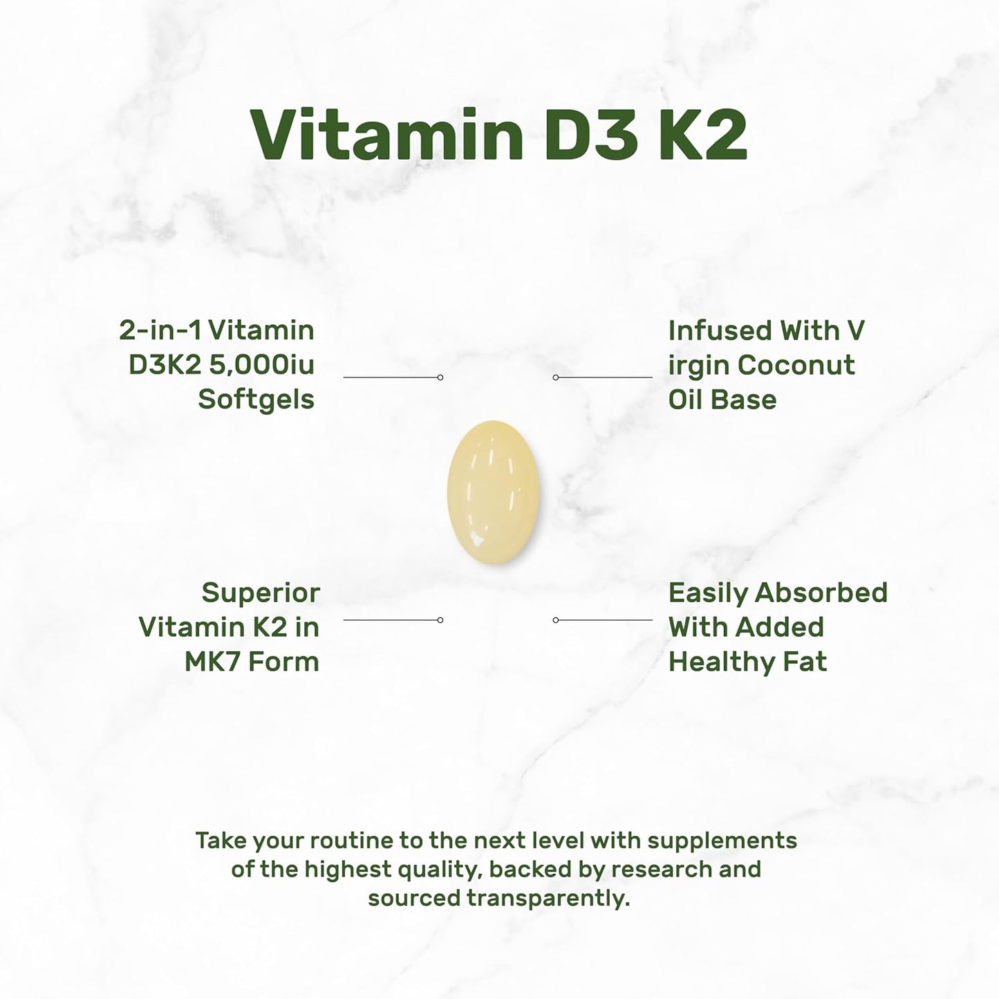 DEAL SUPPLEMENT Vitamin D3 5,000 IU + K2 MK7 100mcg Soft gel capsules | 2-in-1 Complex with Virgin Coconut Oil | Supports Heart, Bone, Teeth & Immune Health | Easy to Swallow - görsel 3