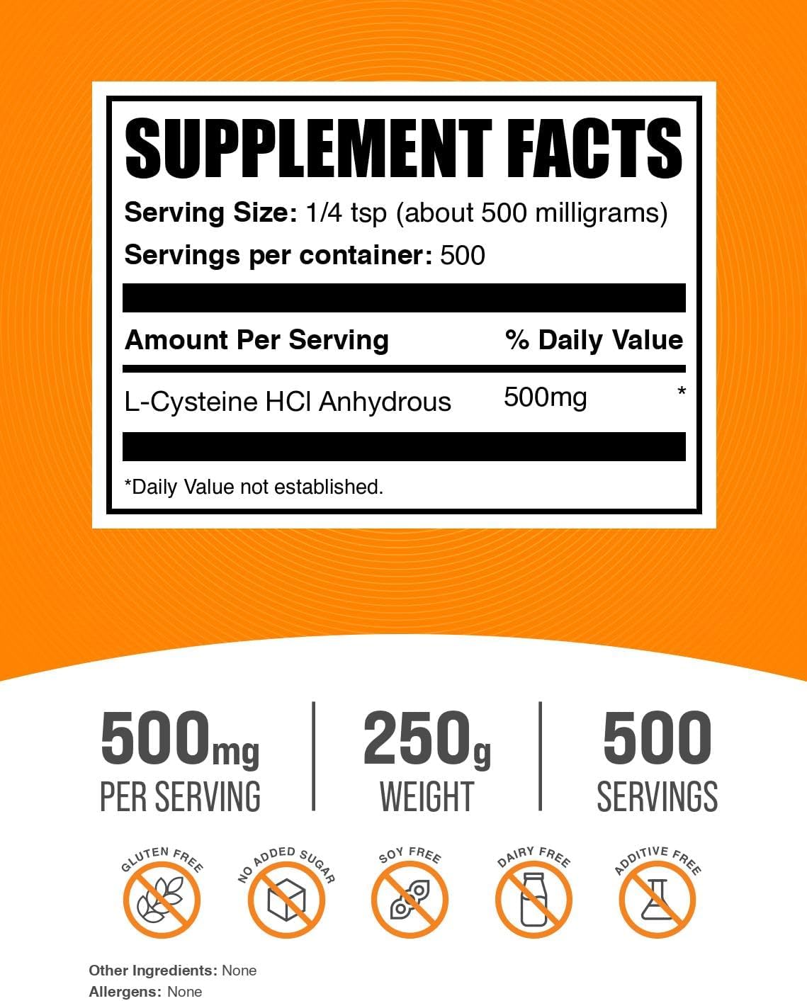 BulkSupplements.com L-Cysteine HCl Powder - Amino Acid Supplement - Gluten-free, 500mg per Serving, 250g - görsel 2