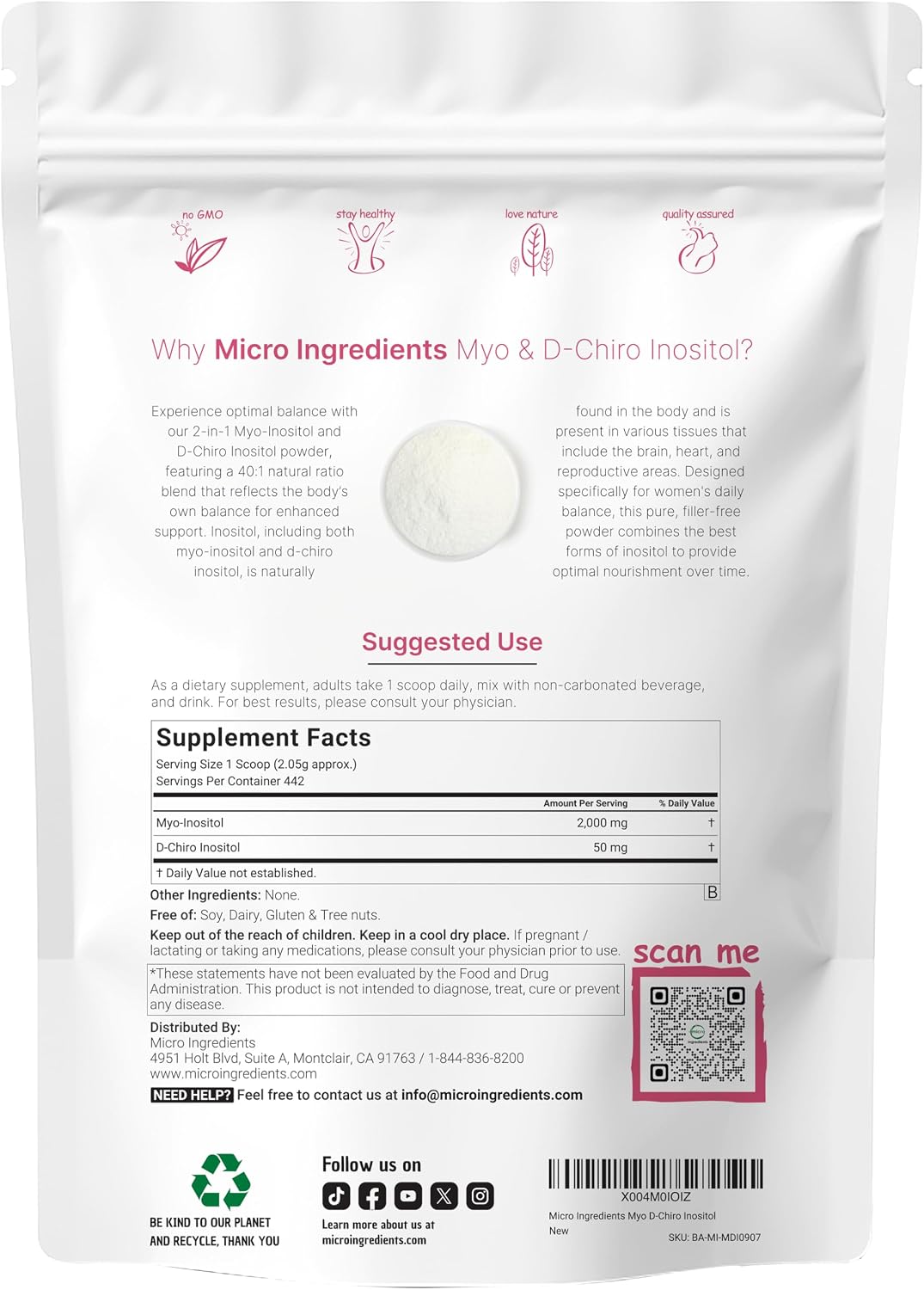 Micro Ingredients Myo-Inositol & D-Chiro Inositol Powder, 40:1 Ideal Ratio, 907g (442 Servings) - görsel 2