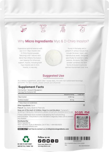 Micro Ingredients Myo-Inositol & D-Chiro Inositol Powder, 40:1 Ideal Ratio, 907g (442 Servings)