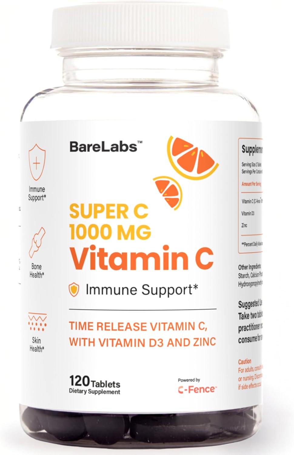 BareLabs Super C Time Release 1000 mg with Vitamin D3 & Zinc - 120 Tablets - görsel 1