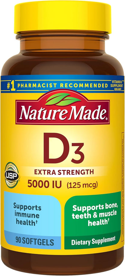Nature Made Vitamin D3 5000 IU (125 mcg) Softgels, Extra Strength Vitamin D Food Supplement for Bone and Immune Health, 90 Softgels, 90-Day Supply