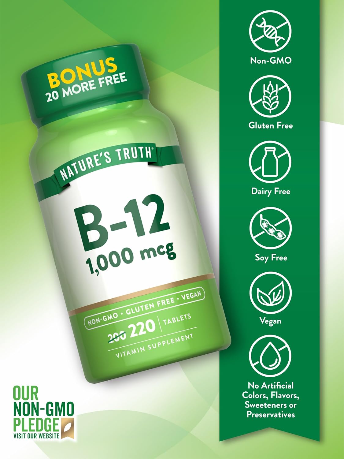 Nature's Truth Vitamin B12 Tablets, 1000 mcg, 220 Count - Vegan, Non-GMO & Gluten-free - görsel 3