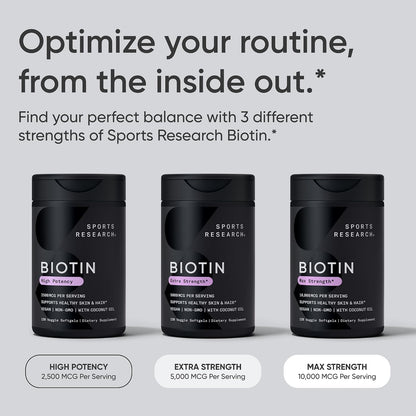 Sports Research® Biotin 5000mcg with Organic Coconut Oil - Vegan, Non-GMO, 120 Softgels