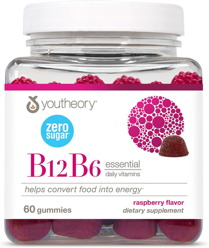 Youtheory Vitamin B12 B6, Daily Energy and Nervous System Support Supplement, Liquid Raspberry Flavour, 12 – 1 oz Single Serving Packets