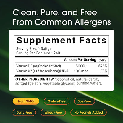 NatureBell Vitamin D3 K2 Supplement - 5000 IU D3 & 100mcg K2 MK-7 with Coconut Oil - 240 Softgels