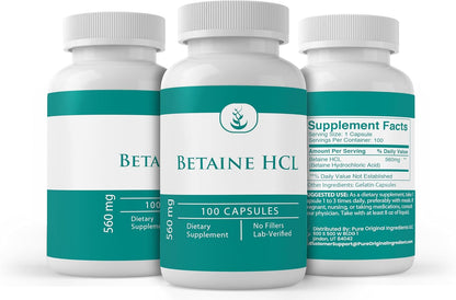 PURE ORIGINAL INGREDIENTS Betaine HCL – 100 Capsules – Pure, No Additives, Lab Verified