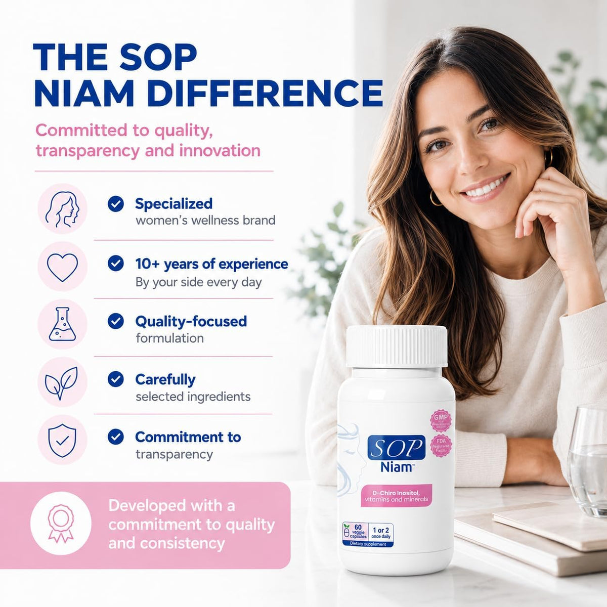 SOP NIAM D-Chiro Inositol 500mg for Women with Folic Acid, Vitamin D3, B6, B12, Biotin - 60 Vegan Capsules - görsel 5