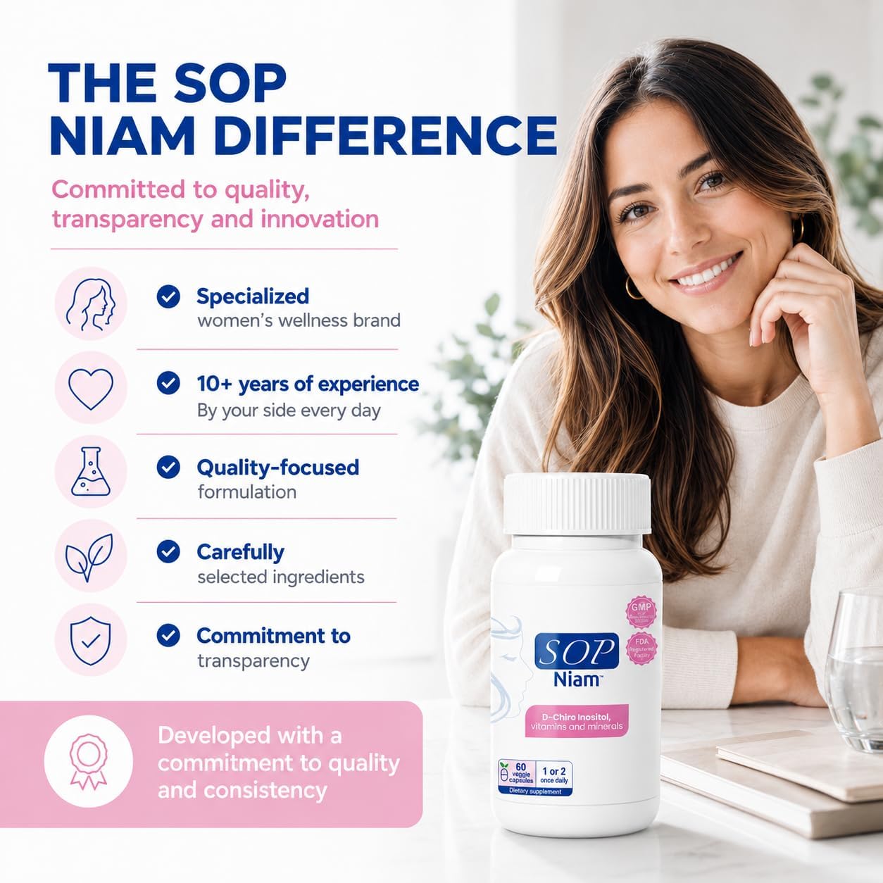 SOP NIAM D-Chiro Inositol 500mg for Women with Folic Acid, Vitamin D3, B6, B12, Biotin - 60 Vegan Capsules - görsel 5