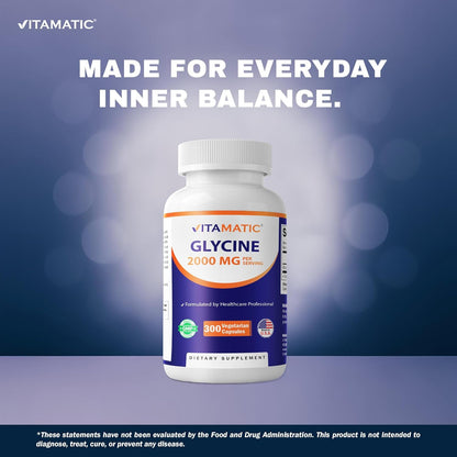 Vitamatic Glycine Supplements, 2000mg per Serving, 300 Capsules, Non-GM, Gluten-free