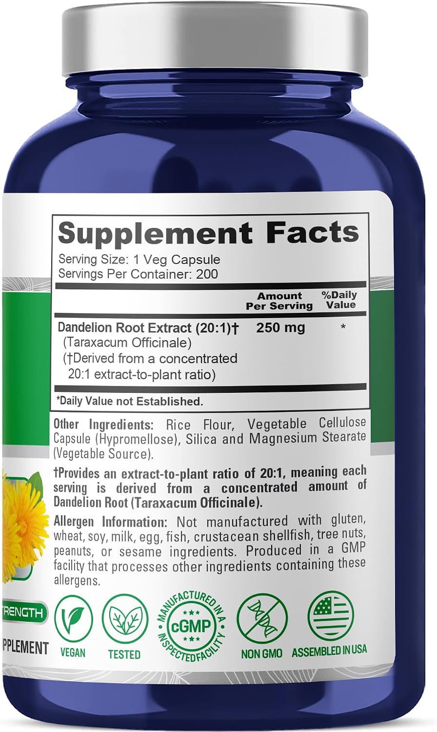 NusaPure Dandelion Root, 250 mg, 200 Veg Capsules (Non-GMO, Vegan) - görsel 2