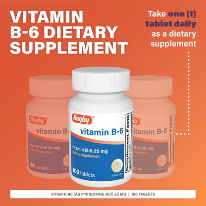 Rugby Vitamin B-6 Tablets - 25mg Vitamin B6 - Food Supplement - 100 Tablets