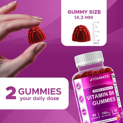 Vitamatic Vitamin B6 100mg Gummies – Natural Strawberry Flavour – 2 Pack (60 Gummies per Bottle)