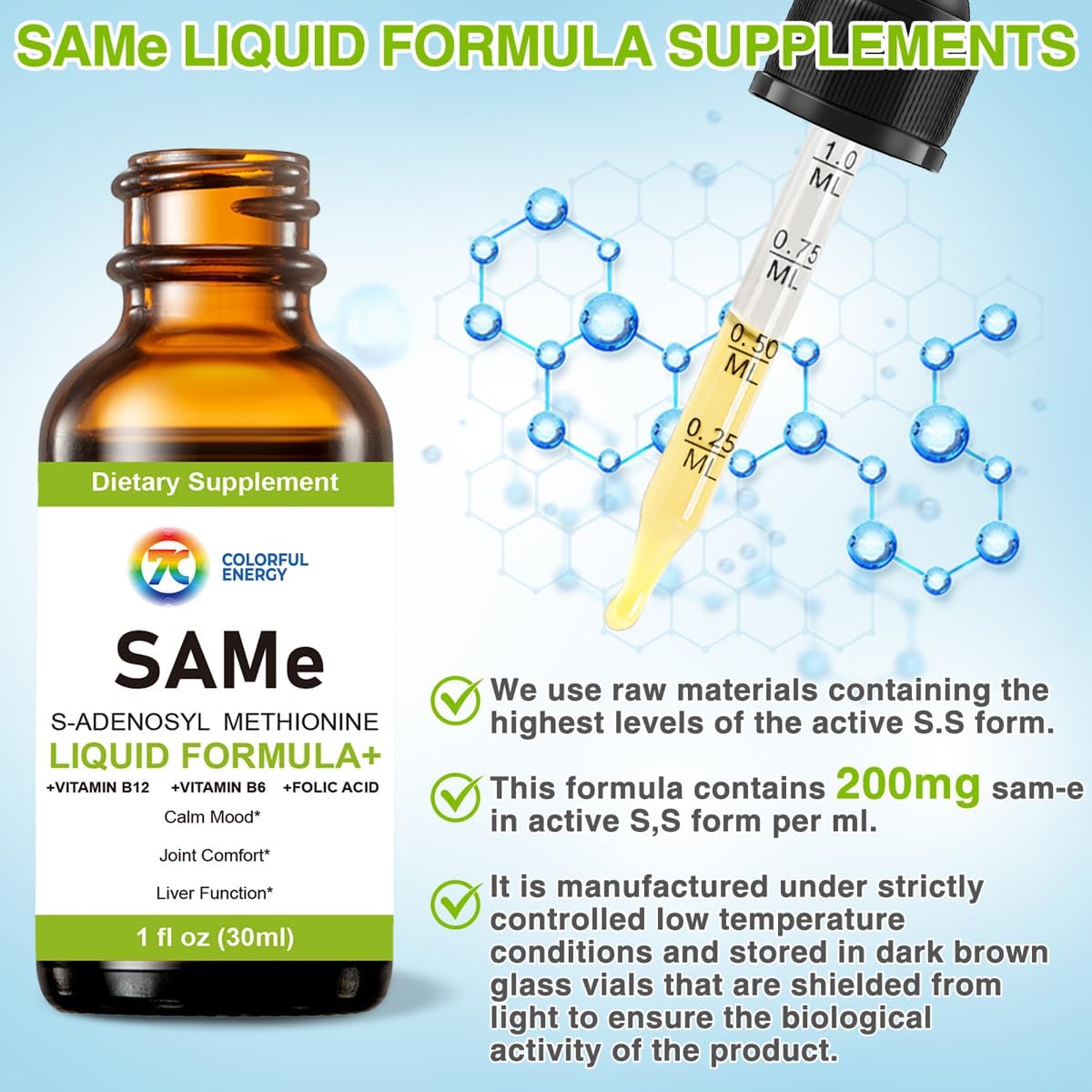 7c SAM-e Liquid Supplement - S-Adenosylmethionine with Vitamin B6 & B12, 1 fl oz (30 Servings) - görsel 3