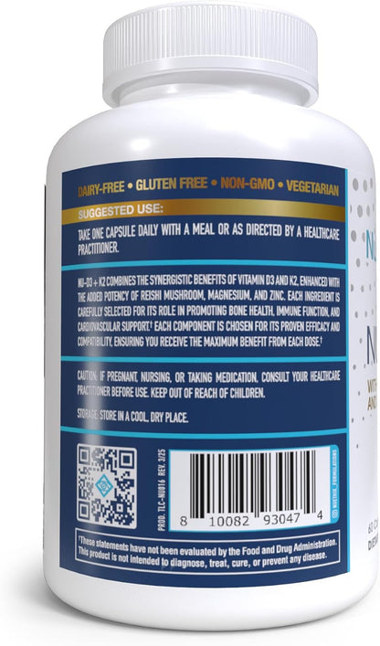 NuEthix Formulations NU-D3 + K2 - Vitamin D3 and K2 5000 IU Food Supplement with Reishi Mushroom, Magnesium & Zinc - 60 Capsules