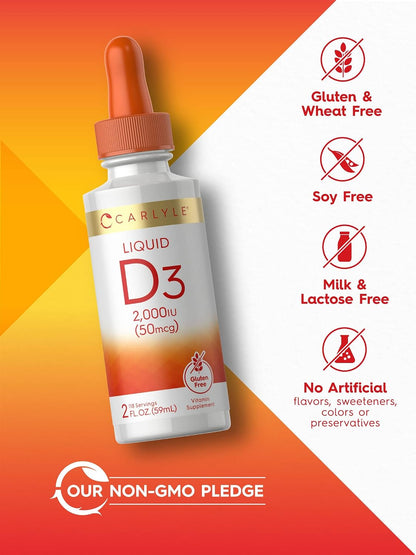 Carlyle Vitamin D3 Liquid Drops | 2000 IU (50 µg) | 60 ml | Vitamin D Supplement for Adults | Vegetarian, Non-GMO, Gluten-Free Formula