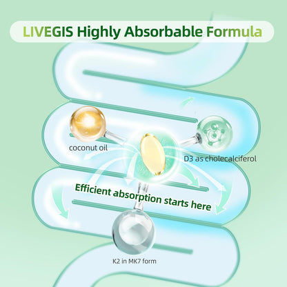 LIVEGIS Vitamin D3 K2 Soft gel capsules – 10,000 IU D3 & 200 mcg K2 (MK-7) with Coconut Oil, 90 Count