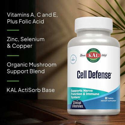 KAL Cell Defence Tablets - Mushroom Complex Supplement with Beta Carotene, Vitamins C, E, and B12 - Organic Reishi, Maitake, and Shiitake - Cellular Wellness for Adults - 60 Tablets