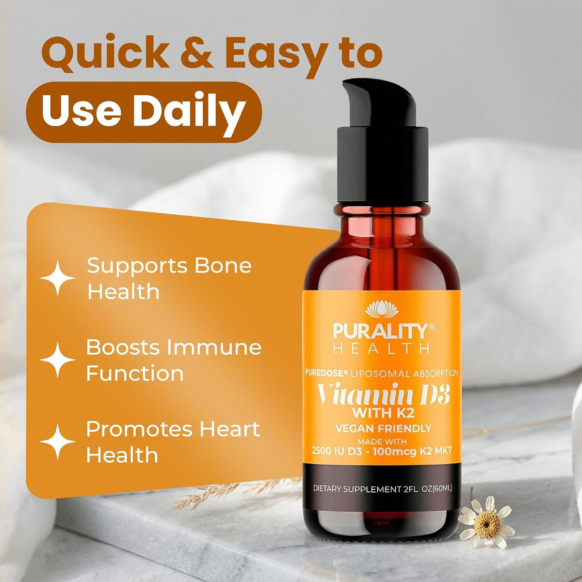 PURALITY HEALTH Vitamin D3 with K2 Liquid Supplement, Vegan, Micelle Liposomal Enhanced Absorption, Non-GMO, 30 Day Supply - görsel 3