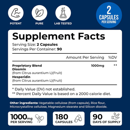 Diosmin Hesperidin 1000mg – 180 Capsules – 90 Day Supply