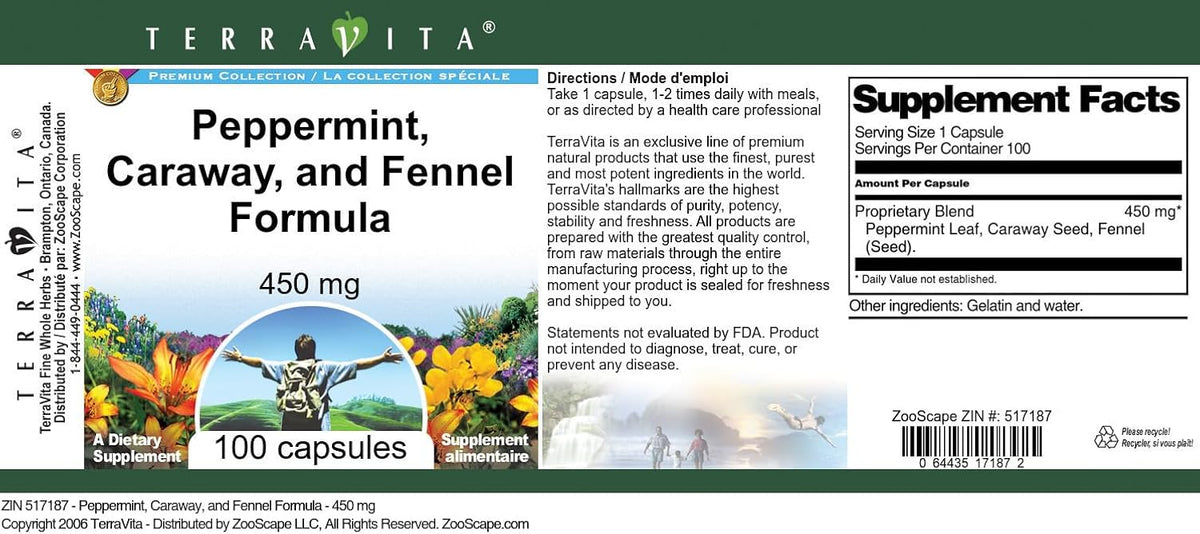 Terravita Peppermint, Caraway & Fennel Formula - 450 mg (100 Capsules, ZIN: 517187) - görsel 3