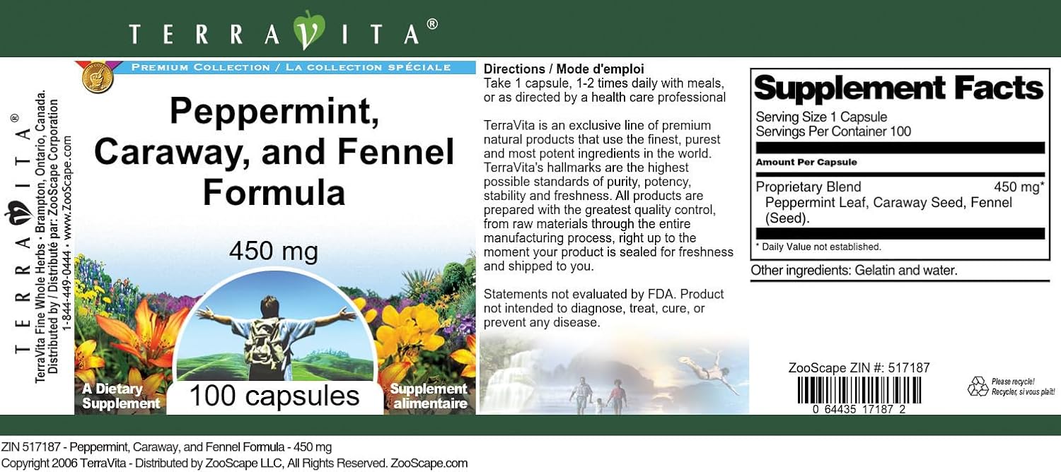 Terravita Peppermint, Caraway & Fennel Formula - 450 mg (100 Capsules, ZIN: 517187) - görsel 3