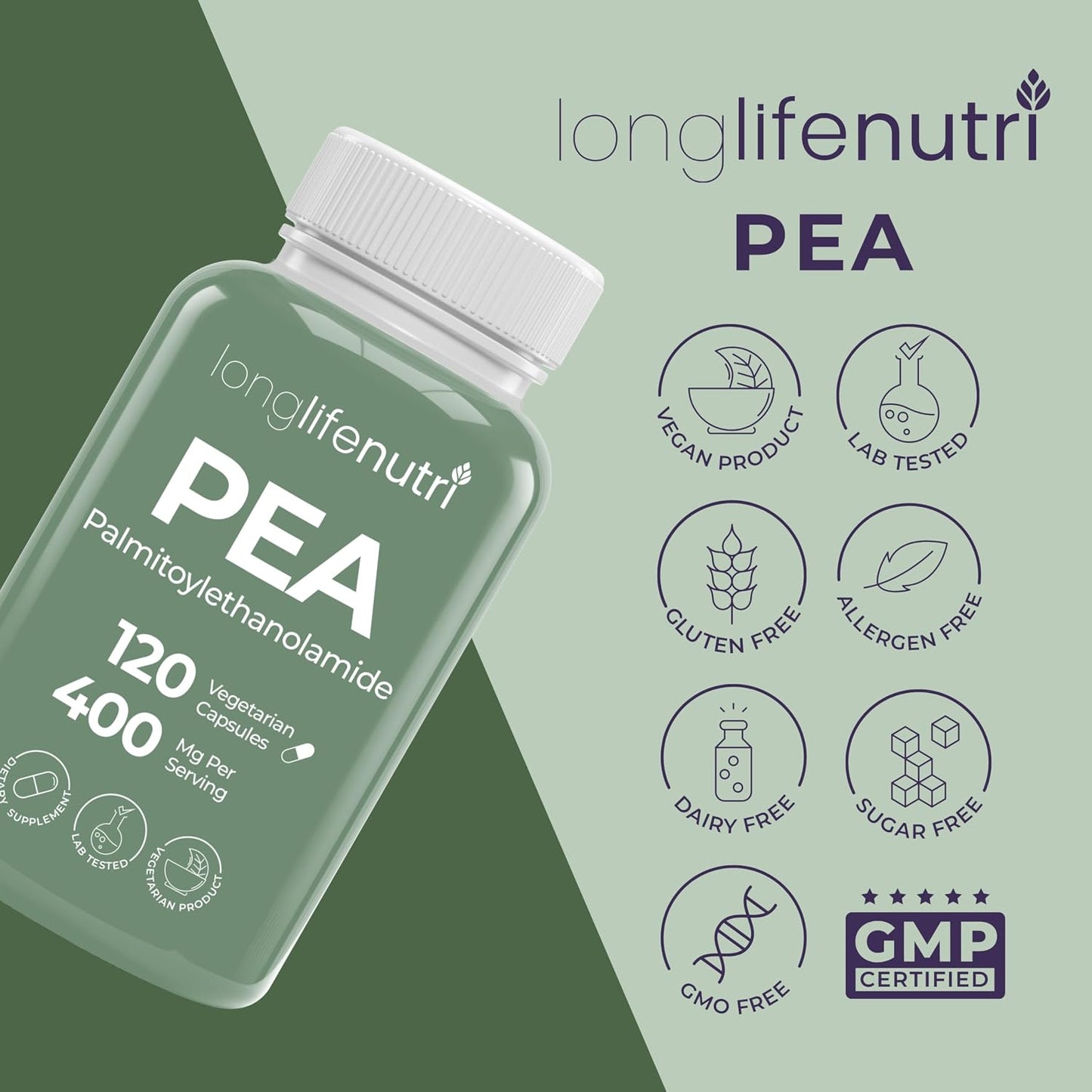LongLifeNutri Palmitoylethanolamide (PEA) 400mg – 120 Vegetarian Capsules, Organic Supplement for Occasional Discomfort Support, 4-Month Supply, Laboratory Tested, Manufactured in USA - görsel 7
