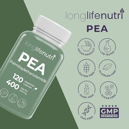 LongLifeNutri Palmitoylethanolamide (PEA) 400mg – 120 Vegetarian Capsules, Organic Supplement for Occasional Discomfort Support, 4-Month Supply, Laboratory Tested, Manufactured in USA