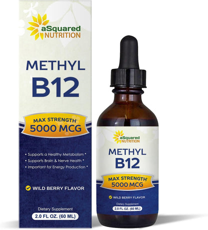 aSquared Nutrition Vitamin B12 Sublingual Liquid Drops - 5000 mcg Methylcobalamin - Wild Berry Flavour - 60 ml