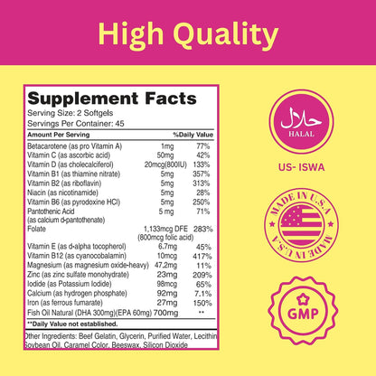 Greenfield Nutritions Halal Prenatal Vitamins with DHA and Folic Acid - 90 Liquid Soft gel capsule Capsules