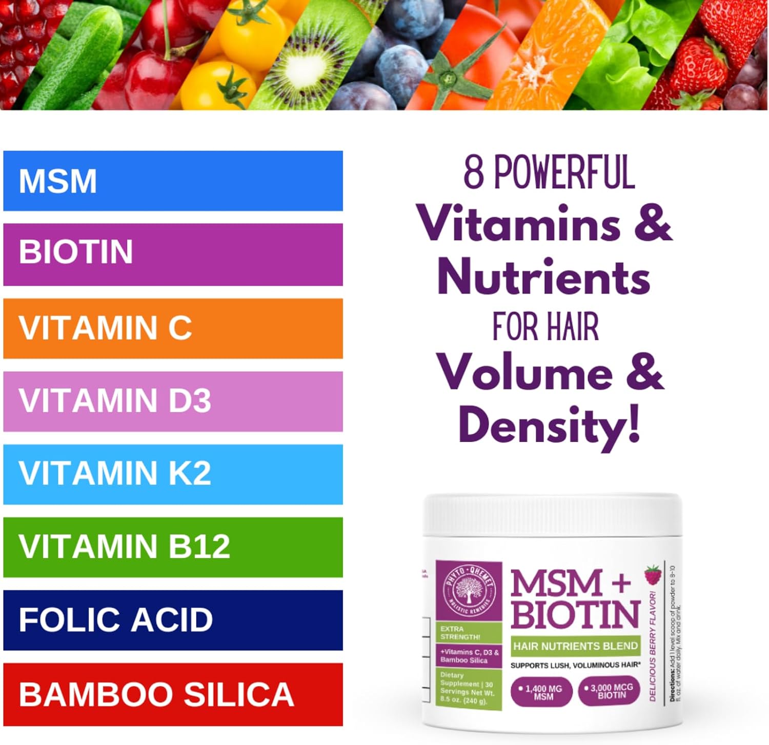 Qhemet Biologics MSM + Biotin Hair Nutrient Drink Mix - Wildberry Powder for Lush Volume (241 g) - görsel 4