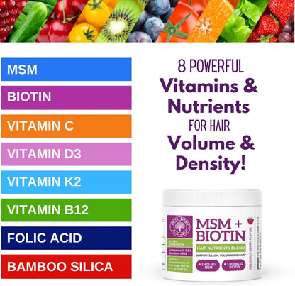 Qhemet Biologics MSM + Biotin Hair Nutrient Drink Mix - Wildberry Powder for Lush Volume (241 g)