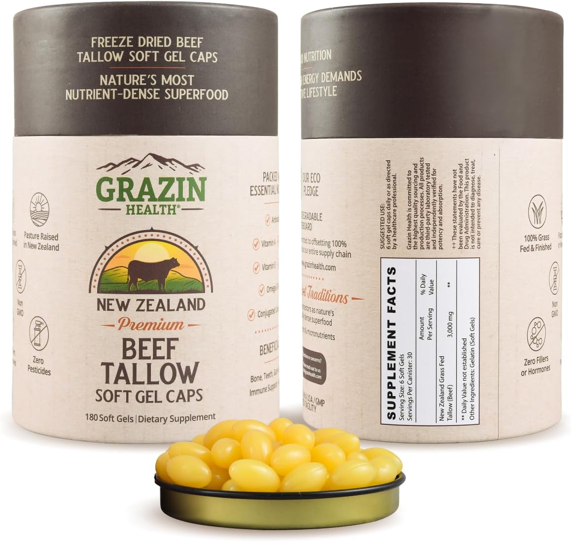 Grass-Fed Beef Tallow Capsules | 3000 mg | Grazin Health - görsel 1