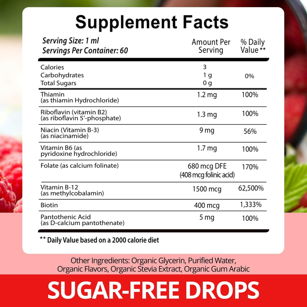 Vegan Vitamin B12 with B Complex 20 mg - Extra Strength for Men and Women - Raspberry Liquid Drops | Made in USA, B1, B2, B3, B5, B6, Biotin, Folic Acid & B12 Methylcobalamin | 4 Months Supply - görsel 3