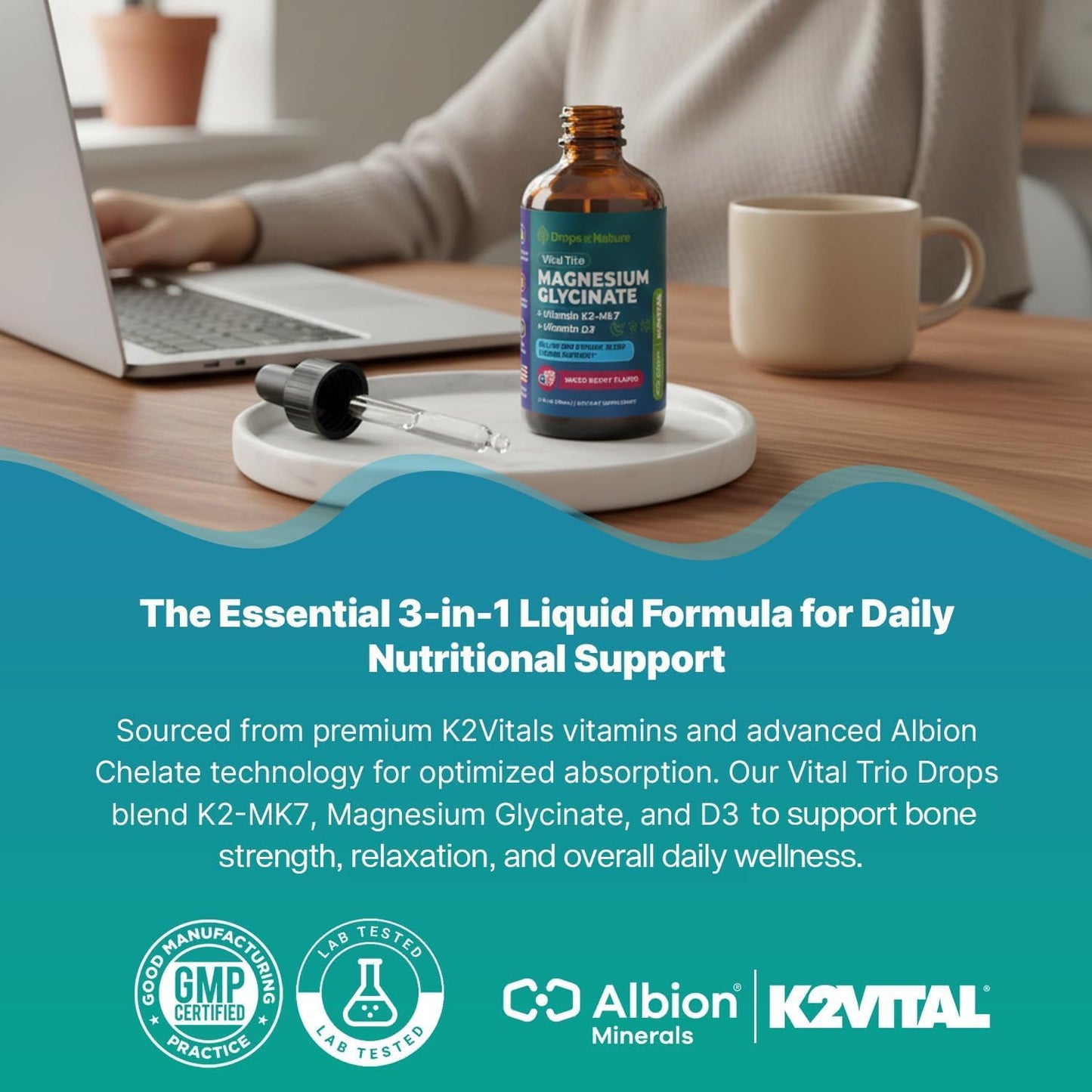 Drops Of Nature Magnesium Glycinate, Vitamin D3 & K2 Liquid Supplement – Mixed Berry, 60 mL - görsel 8