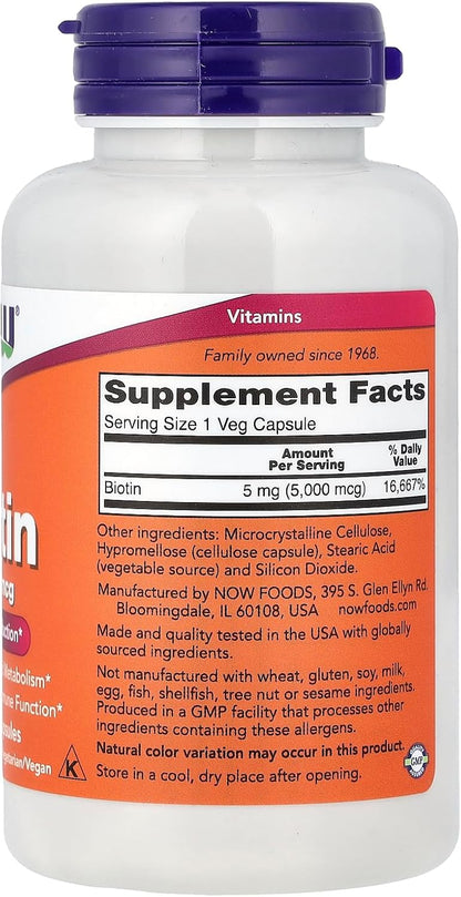 Now Foods Biotin 5 mg Vegetarian Capsules, 120 Count