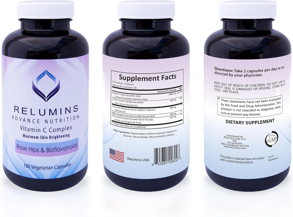 Relumins Advanced Vitamin C Supplement with Rose Hips - 1000mg, 180 Capsules x 3 Bottles (9-Month Supply) - görsel 9