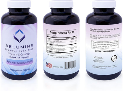 Relumins Advanced Vitamin C Supplement with Rose Hips - 1000mg, 180 Capsules x 3 Bottles (9-Month Supply)