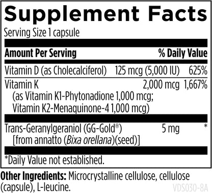 Vitamin D Supreme - Vitamin D3 5000 IU with Vitamin K (MK-4) 2000mcg and GG for Bone Health, Immune Function & Overall Wellbeing (30 Capsules)