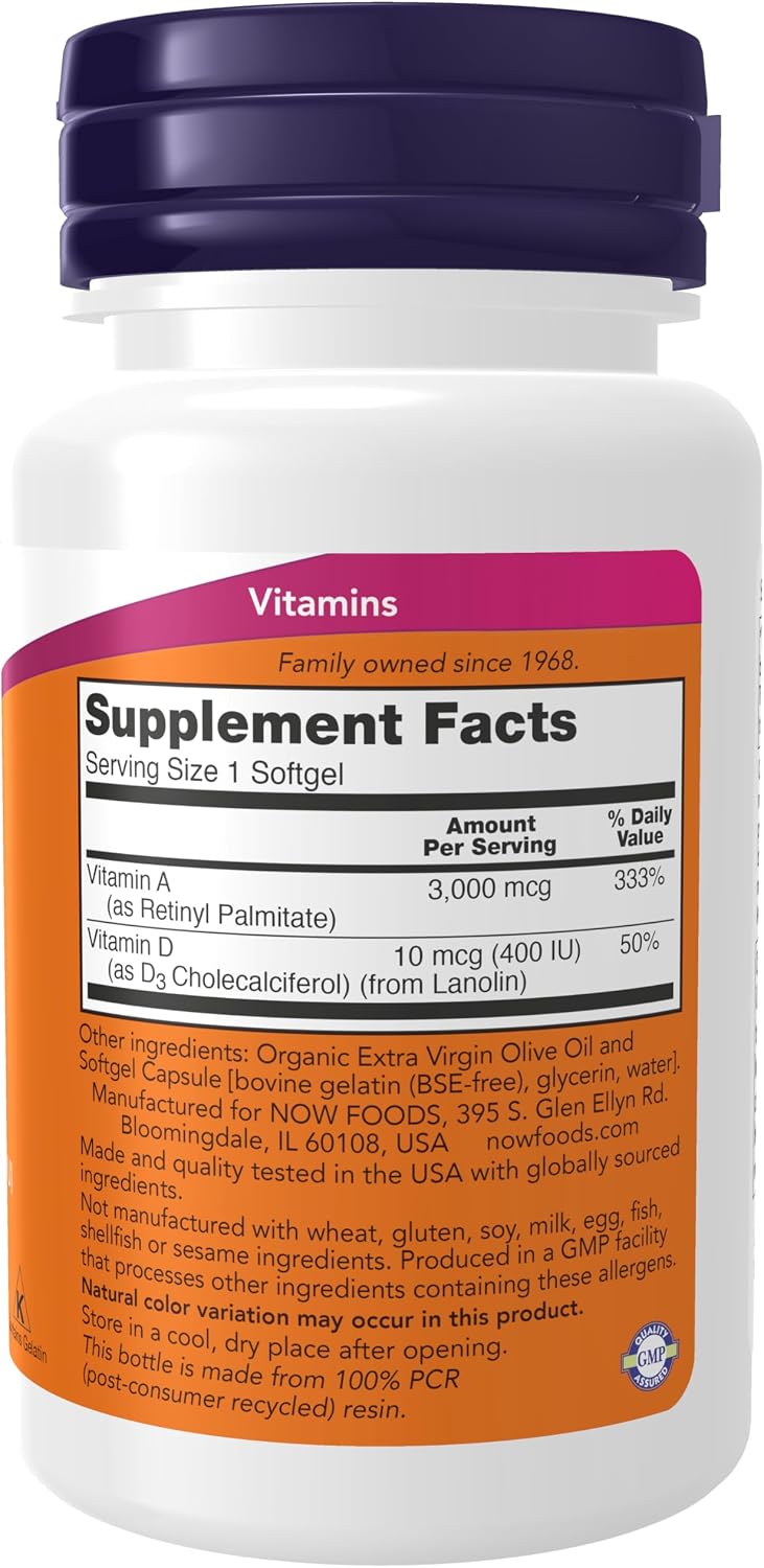 NOW Supplements, Vitamin A & D 10,000/400 IU, Eye Health*, Essential Nutrition, 100 Softgels - görsel 2