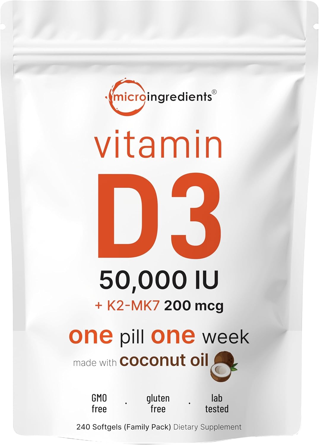 Micro Ingredients Vitamin D3 50,000 IU + K2 MK-7 200 mcg, 240 Softgels - görsel 1