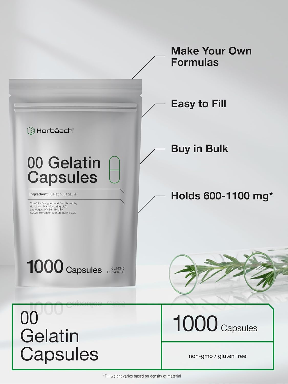 Empty Capsules Size 00 - 1000 Clear Gelatine Capsules - Resealable Bag - Non-GMO, Gluten-free - Horbaach - görsel 2